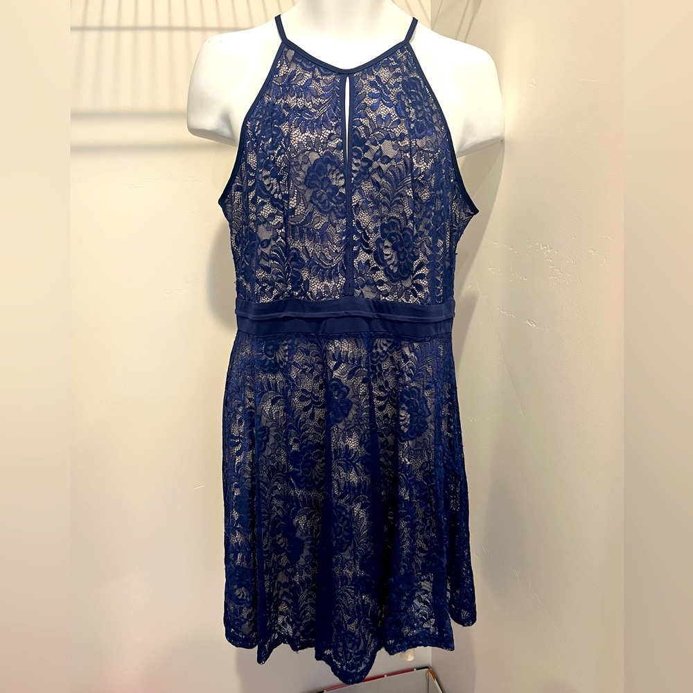 Kate Kasin | Navy Cream Lace Overlay Mini Dress | XL